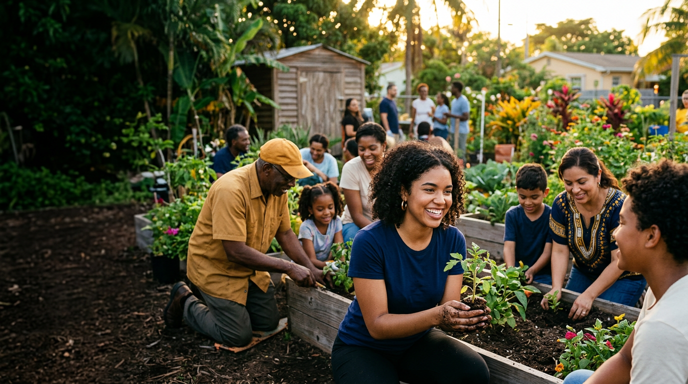 Community members gathering in a neighborhood garden